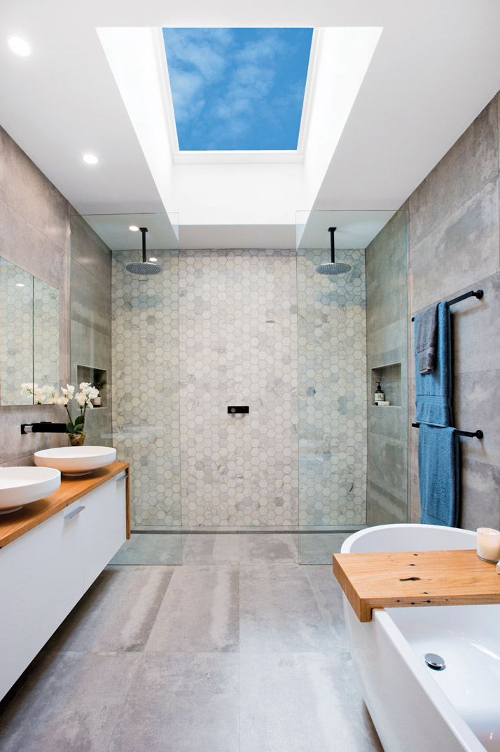 skylights in bathroom with twin shower heads
